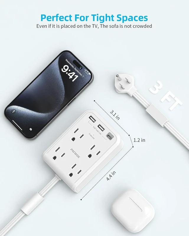 Alt view image 2 of 7 - Short Power Strip 3FT, Outlet Extender Stick, Flat Wall Extension Cord, 4 AC Outlet, 3 USB Ports(1 Type C), Plug Extension Outlet, Small Surge Protector for Home Office Dorm Apartment