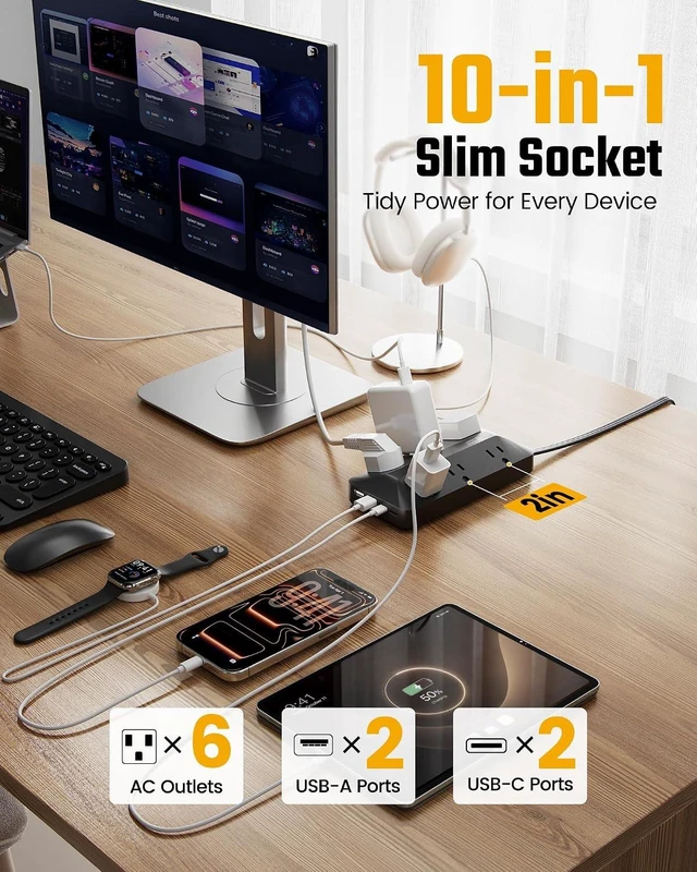 Alt view image 2 of 7 - Surge Protector Power Strip 6FT, 6AC + 4USB Sleek Socket, 1050J, 10-in-1 Outlet Extender, Flat Plug Extension Cord with Multiple Outlets, Dorm Room Essentials, for Home Office & School