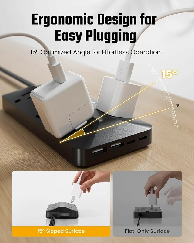 Alt view image 3 of 7 - Surge Protector Power Strip 6FT, 6AC + 4USB Sleek Socket, 1050J, 10-in-1 Outlet Extender, Flat Plug Extension Cord with Multiple Outlets, Dorm Room Essentials, for Home Office & School