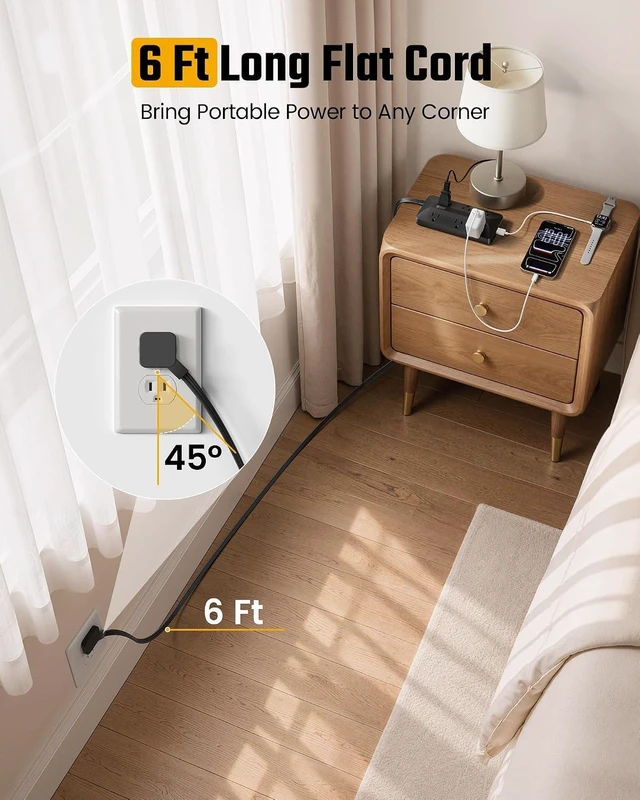 Alt view image 5 of 7 - Surge Protector Power Strip 6FT, 6AC + 4USB Sleek Socket, 1050J, 10-in-1 Outlet Extender, Flat Plug Extension Cord with Multiple Outlets, Dorm Room Essentials, for Home Office & School