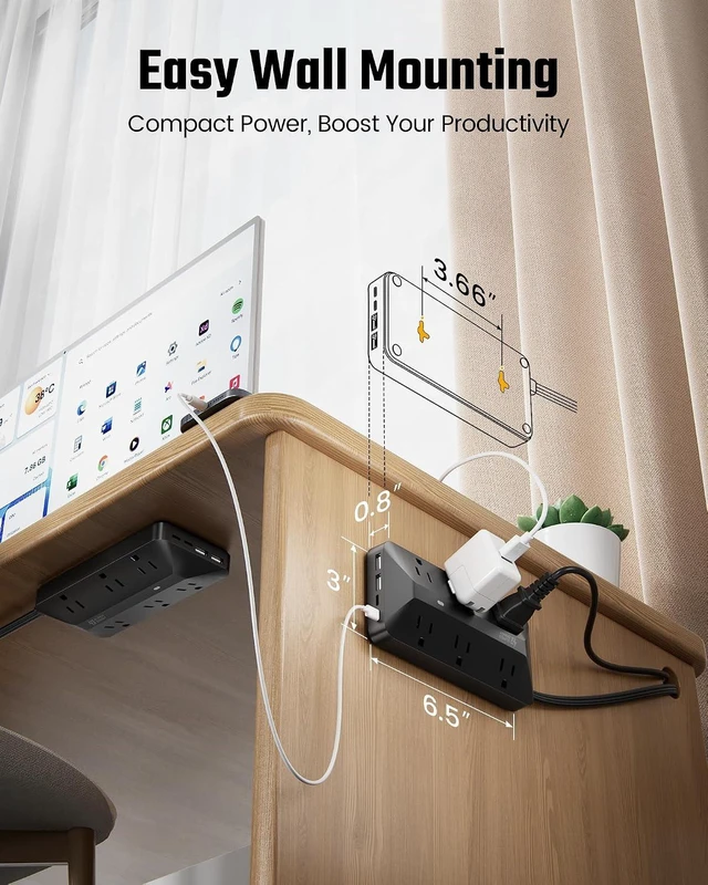 Alt view image 7 of 7 - Surge Protector Power Strip 6FT, 6AC + 4USB Sleek Socket, 1050J, 10-in-1 Outlet Extender, Flat Plug Extension Cord with Multiple Outlets, Dorm Room Essentials, for Home Office & School