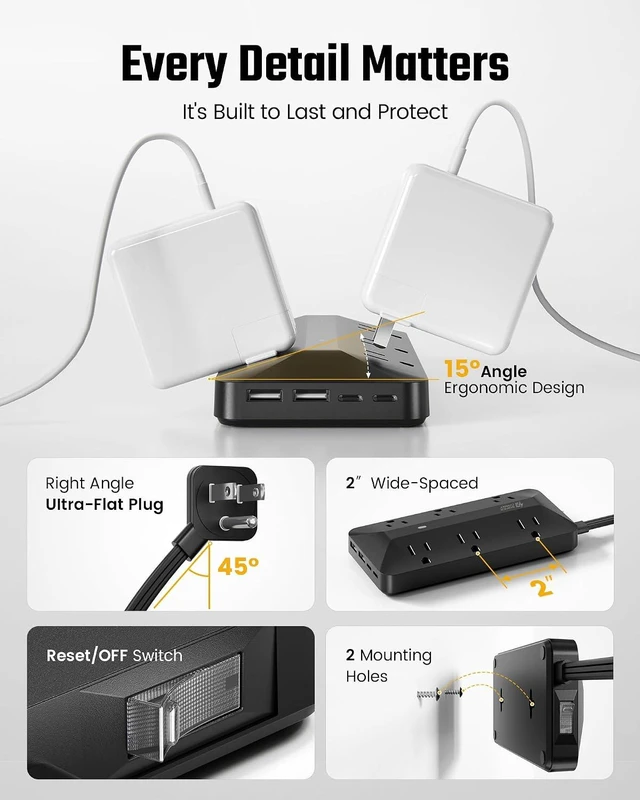 Alt view image 6 of 7 - Surge Protector Power Strip 6FT, 6AC + 4USB Sleek Socket, 1050J, 10-in-1 Outlet Extender, Flat Plug Extension Cord with Multiple Outlets, Dorm Room Essentials, for Home Office & School