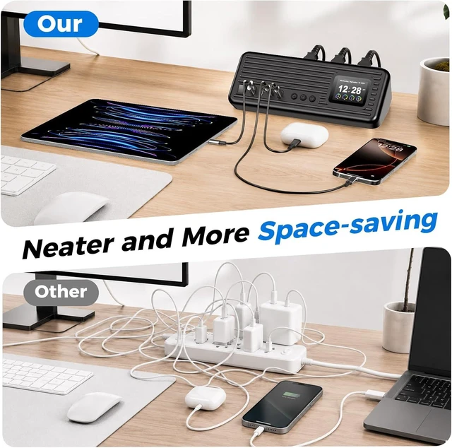 Alt view image 6 of 7 - Surge Protector Power Strip, 100W 8-in-1 Power Station, 4 AC, 4 USB A/C, Fast Charging Station, GaN Technology, Smart Display, Digital Clock, 4 AC Individual Switches, 1200J Surge Protector