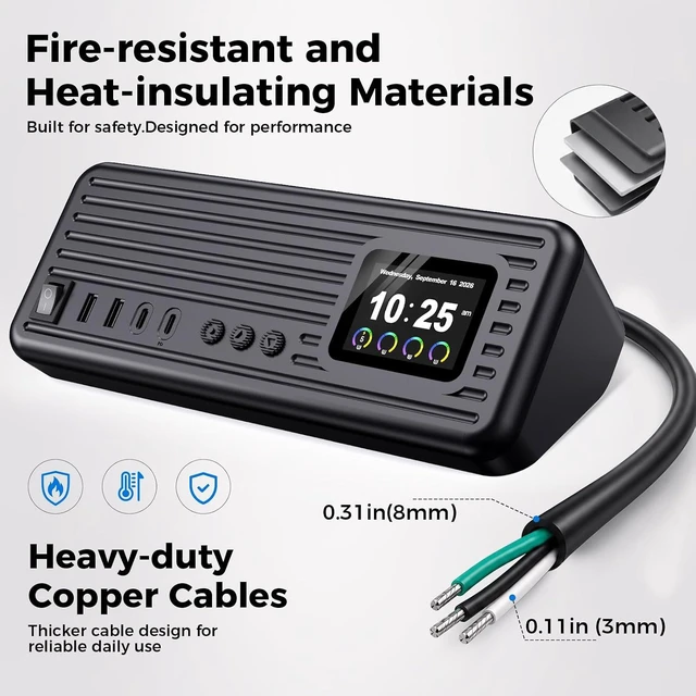 Alt view image 5 of 7 - Surge Protector Power Strip, 100W 8-in-1 Power Station, 4 AC, 4 USB A/C, Fast Charging Station, GaN Technology, Smart Display, Digital Clock, 4 AC Individual Switches, 1200J Surge Protector