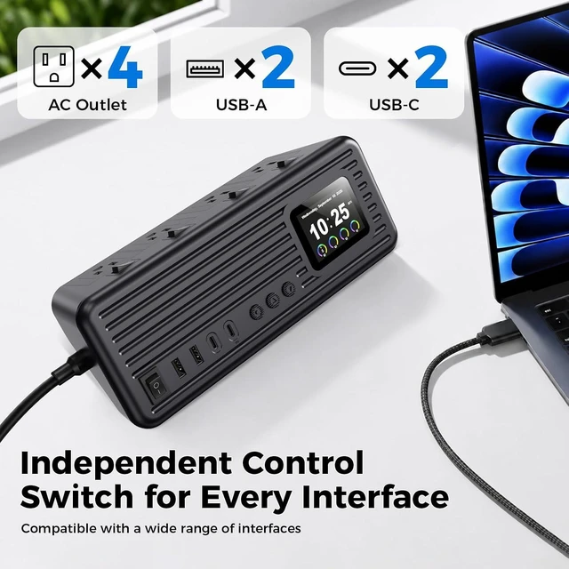Alt view image 7 of 7 - Surge Protector Power Strip, 100W 8-in-1 Power Station, 4 AC, 4 USB A/C, Fast Charging Station, GaN Technology, Smart Display, Digital Clock, 4 AC Individual Switches, 1200J Surge Protector