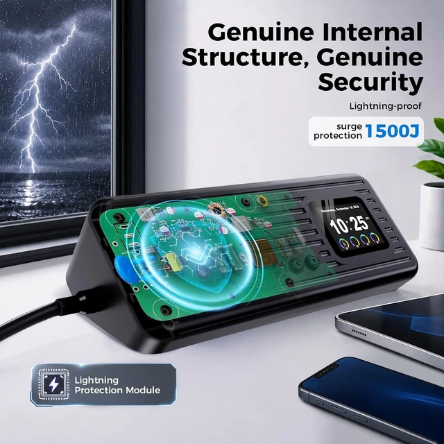 Alt view image 3 of 7 - Surge Protector Power Strip, 100W 8-in-1 Power Station, 4 AC, 4 USB A/C, Fast Charging Station, GaN Technology, Smart Display, Digital Clock, 4 AC Individual Switches, 1200J Surge Protector
