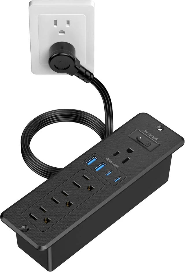 Main image of 65W USB C Recessed Power Strip, Flush Mount Recessed Outlet, Hidden Furniture Charging Station with 4 Outlets & 2 GaN USB C & 2 USB-A Ports for Drawer Cabinet 10FT Cord Black