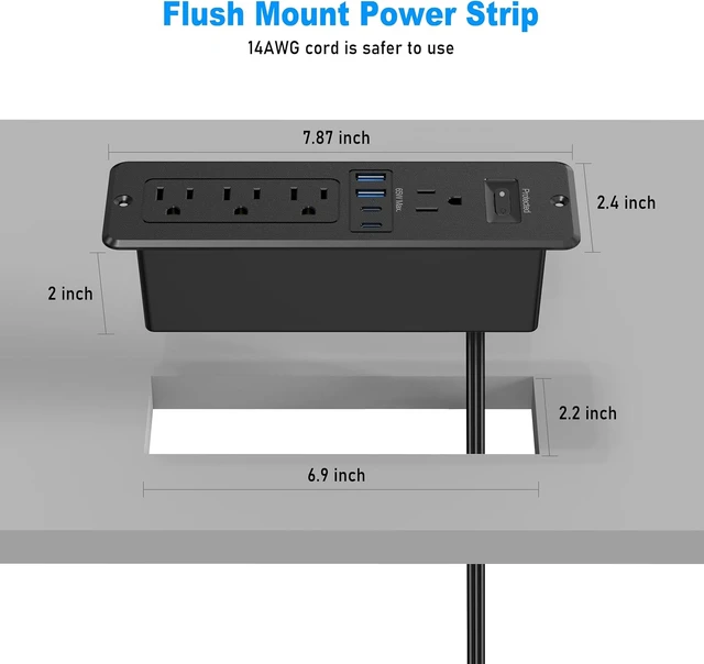Alt view image 3 of 7 - 65W USB C Recessed Power Strip, Flush Mount Recessed Outlet, Hidden Furniture Charging Station with 4 Outlets & 2 GaN USB C & 2 USB-A Ports for Drawer Cabinet 10FT Cord Black