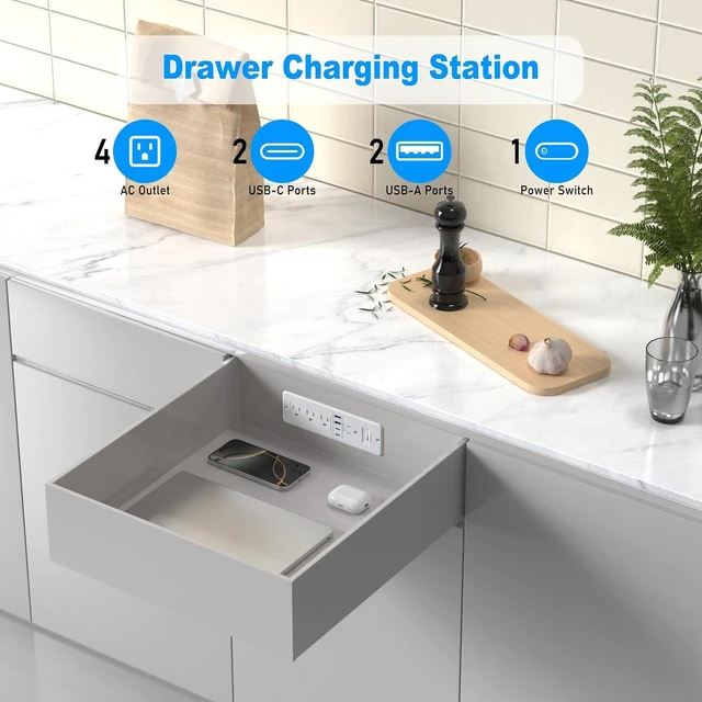 Alt view image 5 of 7 - 65W USB C Recessed Power Strip, Flush Mount Recessed Outlet, Hidden Furniture Charging Station with 4 Outlets & 2 GaN USB C & 2 USB-A Ports for Drawer Cabinet 10FT Cord White