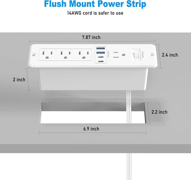 Alt view image 2 of 7 - 65W USB C Recessed Power Strip, Flush Mount Recessed Outlet, Hidden Furniture Charging Station with 4 Outlets & 2 GaN USB C & 2 USB-A Ports for Drawer Cabinet 10FT Cord White