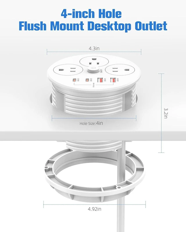 Alt view image 6 of 7 - 100W USB C Desktop Power Grommet, Double-Side 4 USB 5 Outlets (15Amp) , 4inch Hole Flush-Mount Recessed Power strip for Workspace Essential Desk Outlet Countertop White