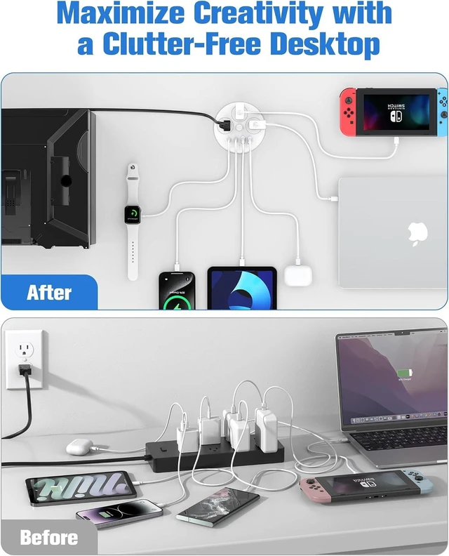 Alt view image 7 of 7 - 100W USB C Desktop Power Grommet, Double-Side 4 USB 5 Outlets (15Amp) , 4inch Hole Flush-Mount Recessed Power strip for Workspace Essential Desk Outlet Countertop White