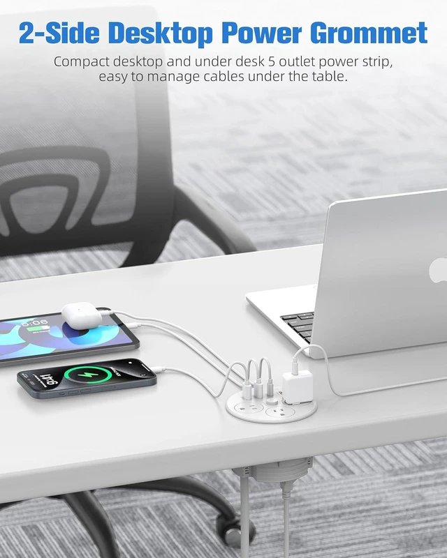 Alt view image 2 of 7 - 100W USB C Desktop Power Grommet, Double-Side 4 USB 5 Outlets (15Amp) , 4inch Hole Flush-Mount Recessed Power strip for Workspace Essential Desk Outlet Countertop White