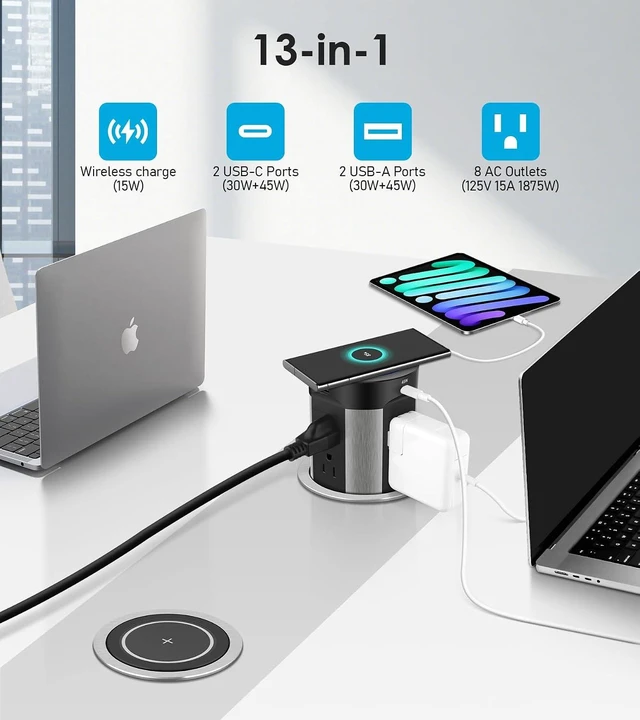 Alt view image 5 of 7 - Pop Up Outlet for Countertop, PD45W 4 USB/8 Outlets/Wireless Charger, 4-inch Flush Mount Island Kitchen Pop Out,15A Tamper Resistant Electrical Outlet -Space-Saving Recessed Design,1875W