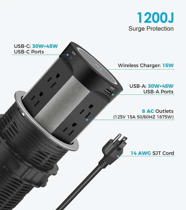 Alt view image 6 of 7 - Pop Up Outlet for Countertop, PD45W 4 USB/8 Outlets/Wireless Charger, 4-inch Flush Mount Island Kitchen Pop Out,15A Tamper Resistant Electrical Outlet -Space-Saving Recessed Design,1875W