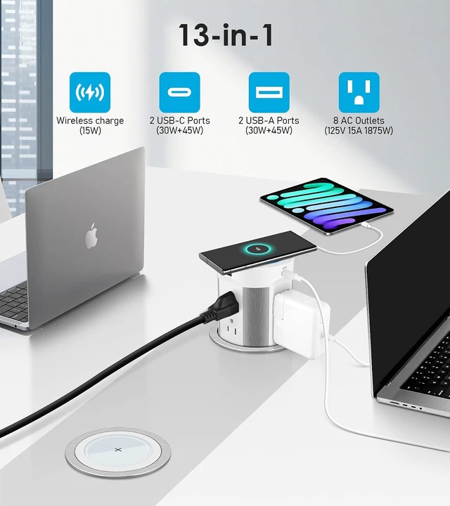 Alt view image 4 of 7 - Pop Up Outlet for Countertop, PD45W 4 USB/8 Outlets/Wireless Charger, 4-inch Flush Mount Island Kitchen Pop Out,15A Tamper Resistant Electrical Outlet -Space-Saving Recessed Design,1875W - White