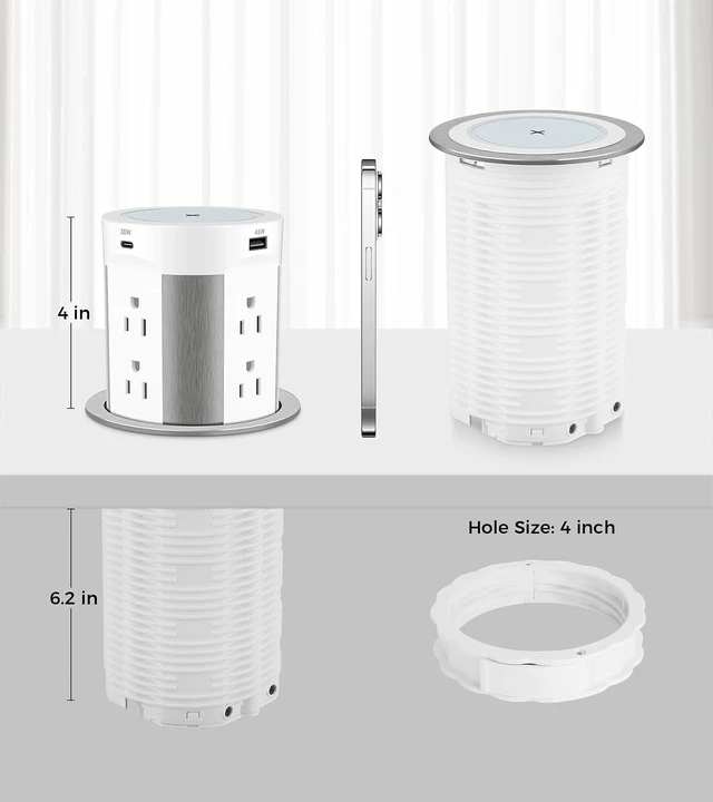Alt view image 7 of 7 - Pop Up Outlet for Countertop, PD45W 4 USB/8 Outlets/Wireless Charger, 4-inch Flush Mount Island Kitchen Pop Out,15A Tamper Resistant Electrical Outlet -Space-Saving Recessed Design,1875W - White
