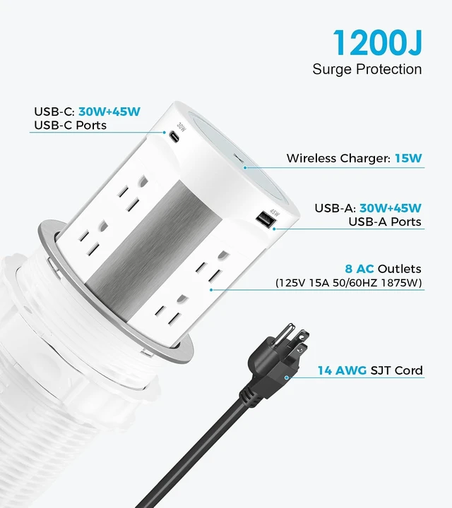 Alt view image 5 of 7 - Pop Up Outlet for Countertop, PD45W 4 USB/8 Outlets/Wireless Charger, 4-inch Flush Mount Island Kitchen Pop Out,15A Tamper Resistant Electrical Outlet -Space-Saving Recessed Design,1875W - White