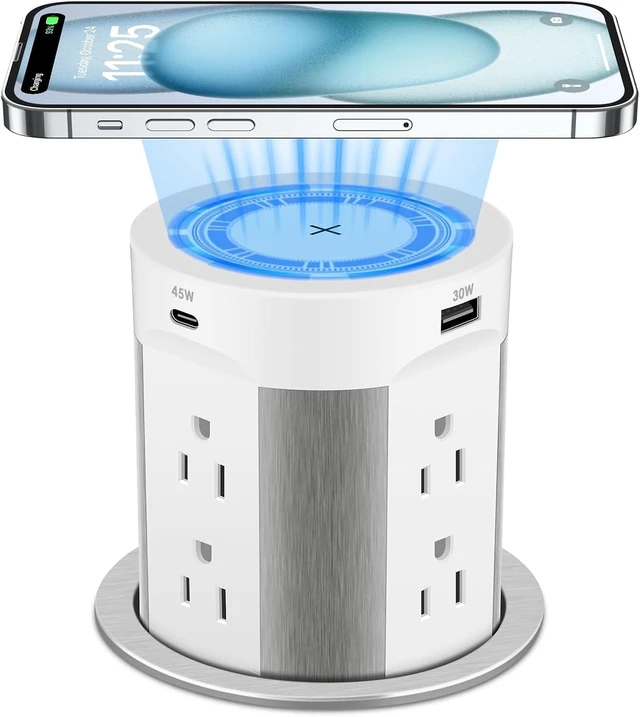 Main image of Pop Up Outlet for Countertop, PD45W 4 USB/8 Outlets/Wireless Charger, 4-inch Flush Mount Island Kitchen Pop Out,15A Tamper Resistant Electrical Outlet -Space-Saving Recessed Design,1875W - White