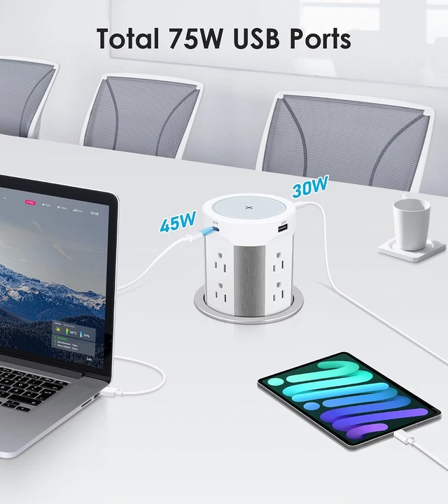 Alt view image 6 of 7 - Pop Up Outlet for Countertop, PD45W 4 USB/8 Outlets/Wireless Charger, 4-inch Flush Mount Island Kitchen Pop Out,15A Tamper Resistant Electrical Outlet -Space-Saving Recessed Design,1875W - White