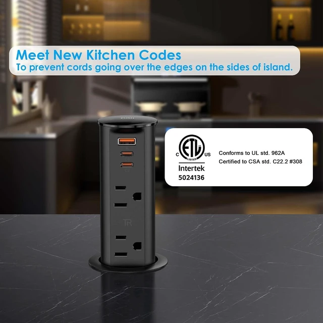 Alt view image 4 of 7 - 2" Pop Up Outlet for Countertop 20W USB Ports 2 Outlet ETL Listed, ETL Listed Space Saver Splashproof Tamper Resistant Pop Up Socket Desk Power Grommet Home Office Kitchen