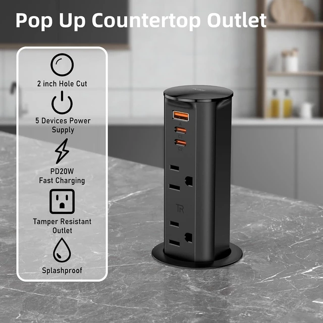 Alt view image 5 of 7 - 2" Pop Up Outlet for Countertop 20W USB Ports 2 Outlet ETL Listed, ETL Listed Space Saver Splashproof Tamper Resistant Pop Up Socket Desk Power Grommet Home Office Kitchen