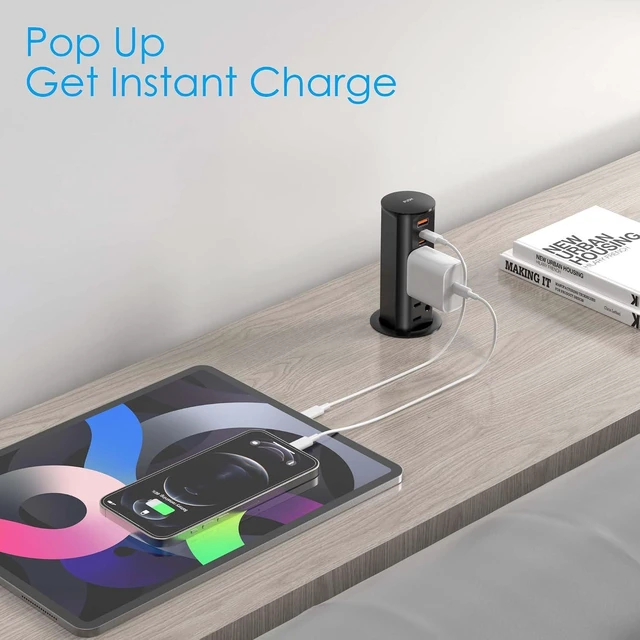 Alt view image 3 of 7 - 2" Pop Up Outlet for Countertop 20W USB Ports 2 Outlet ETL Listed, ETL Listed Space Saver Splashproof Tamper Resistant Pop Up Socket Desk Power Grommet Home Office Kitchen