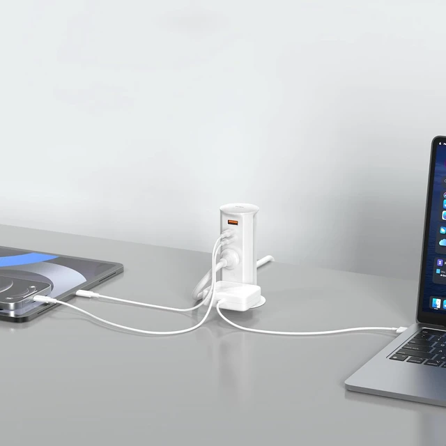 Alt view image 7 of 7 - 2" Pop Up Outlet for Countertop 20W USB Ports 2 Outlet ETL Listed, ETL Listed Space Saver Splashproof Tamper Resistant Pop Up Socket Desk Power Grommet Home Office Kitchen - White