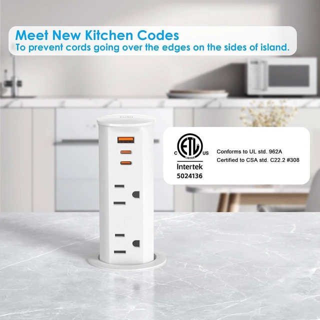 Alt view image 3 of 7 - 2" Pop Up Outlet for Countertop 20W USB Ports 2 Outlet ETL Listed, ETL Listed Space Saver Splashproof Tamper Resistant Pop Up Socket Desk Power Grommet Home Office Kitchen - White