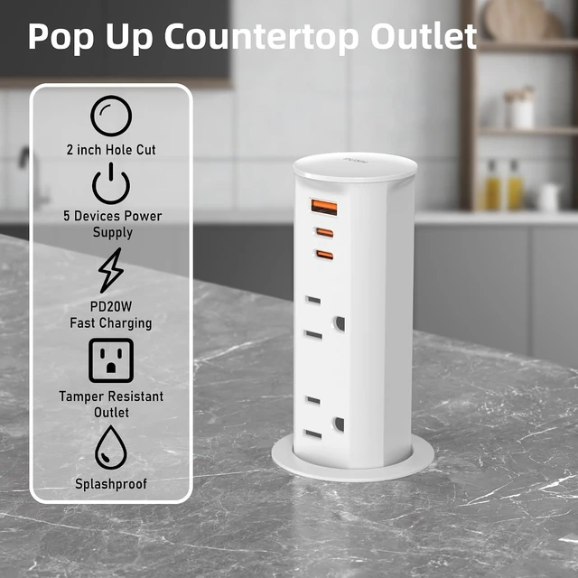Alt view image 2 of 7 - 2" Pop Up Outlet for Countertop 20W USB Ports 2 Outlet ETL Listed, ETL Listed Space Saver Splashproof Tamper Resistant Pop Up Socket Desk Power Grommet Home Office Kitchen - White