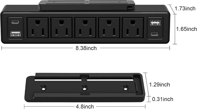 Alt view image 3 of 7 - 40W Under Desk Power Strip Surge Protector 1200J 5 Outlet 4 USB 6FT Black, 20W USB-C Fast Charging Mountable Flat Plug Power Strip 9 in 1 Desk Outlet Home Office