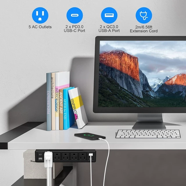 Alt view image 7 of 7 - 40W Under Desk Power Strip Surge Protector 1200J 5 Outlet 4 USB 6FT Black, 20W USB-C Fast Charging Mountable Flat Plug Power Strip 9 in 1 Desk Outlet Home Office