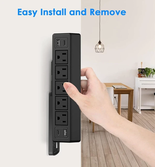 Alt view image 2 of 7 - 40W Under Desk Power Strip Surge Protector 1200J 5 Outlet 4 USB 6FT Black, 20W USB-C Fast Charging Mountable Flat Plug Power Strip 9 in 1 Desk Outlet Home Office