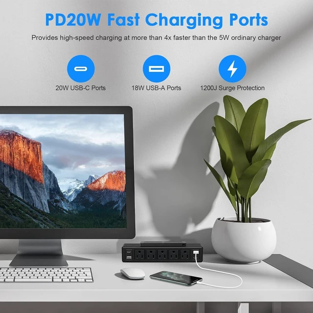 Alt view image 5 of 7 - 40W Under Desk Power Strip Surge Protector 1200J 5 Outlet 4 USB 6FT Black, 20W USB-C Fast Charging Mountable Flat Plug Power Strip 9 in 1 Desk Outlet Home Office