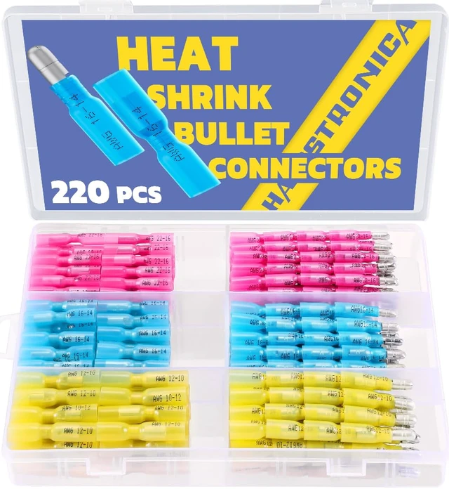 Alt view image 3 of 7 - 220PCS Heat Shrink Bullet Connectors, 22-10 AWG, Male/Female Compact Inline Quick Disconnects, Sturdy Bullet Contacts, Motorcycle Lighting and Car Audio Wiring