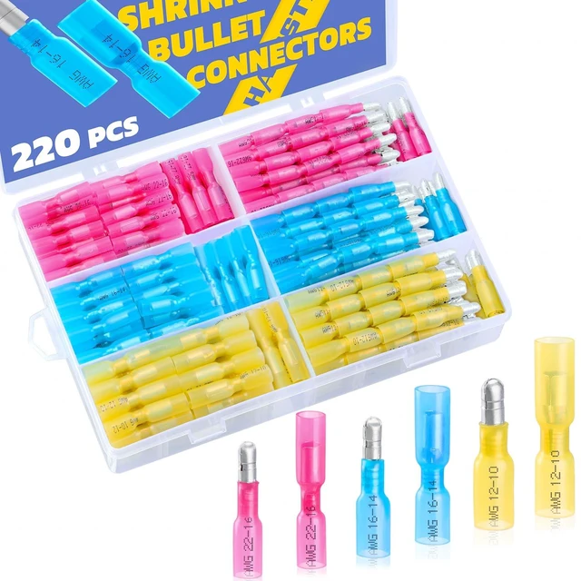 Main image of 220PCS Heat Shrink Bullet Connectors, 22-10 AWG, Male/Female Compact Inline Quick Disconnects, Sturdy Bullet Contacts, Motorcycle Lighting and Car Audio Wiring