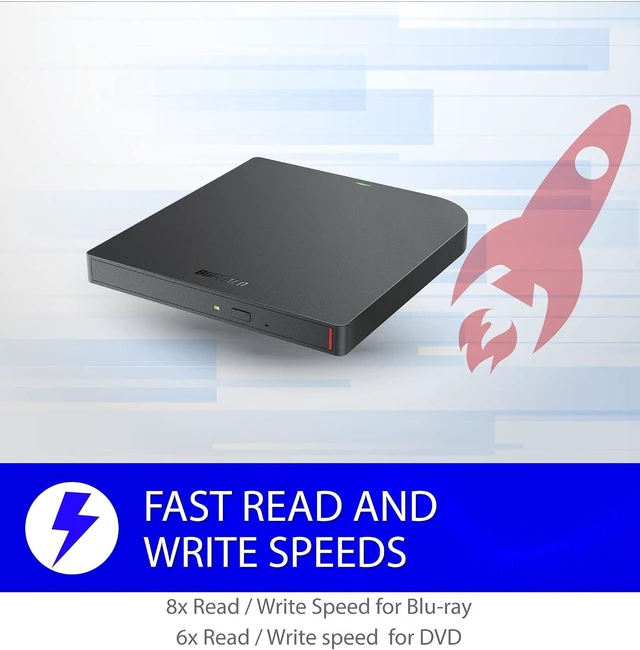 Alt view image 6 of 7 - BUFFALO 6X Portable Blu-ray Drive, TAA-Compliant, Read/Write, Plays and Burns BD/DVD/CD, USB 3.2 (Gen 1) Type-A/Type-C, Compatible with Mac/PC/Win 8 / Win 10 / Win 11 / Laptop/Desktop