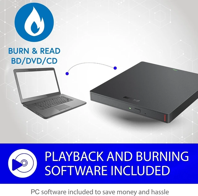 Alt view image 7 of 7 - BUFFALO 6X Portable Blu-ray Drive, TAA-Compliant, Read/Write, Plays and Burns BD/DVD/CD, USB 3.2 (Gen 1) Type-A/Type-C, Compatible with Mac/PC/Win 8 / Win 10 / Win 11 / Laptop/Desktop