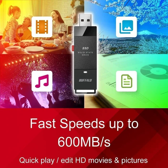 Alt view image 4 of 7 - BUFFALO External SSD 2TB - Up to 600MB/s - USB-C - USB-A - USB 3.2 Gen 2 (Compatible with PS4 / PS5 / Windows/Mac) - External Solid State Drive Stick