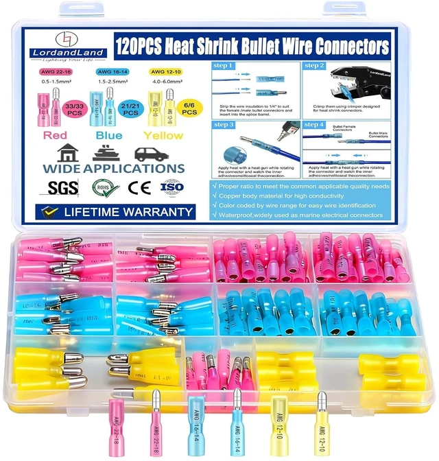 Main image of 120 PCS Heat Shrink Bullet Wire Connectors Kit 22-10AWG Waterproof Bullet connectors Heat Shrink Female&Male Connector for Automotive Boat Stereo Industrial Equipment