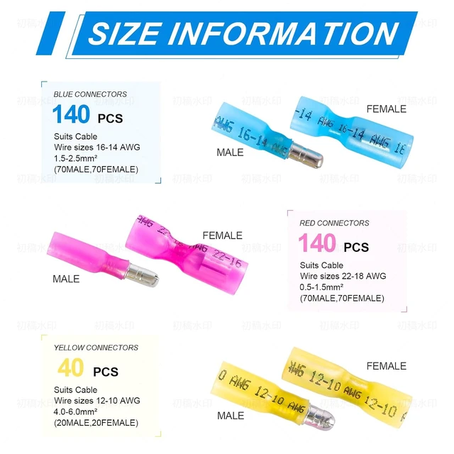 Alt view image 6 of 6 - 320PCS Heat Shrink Bullet Connectors kit, Male & Female Bullet Terminals, Insulated Waterproof Wire Connectors, Marine Grade Electrical Connectors