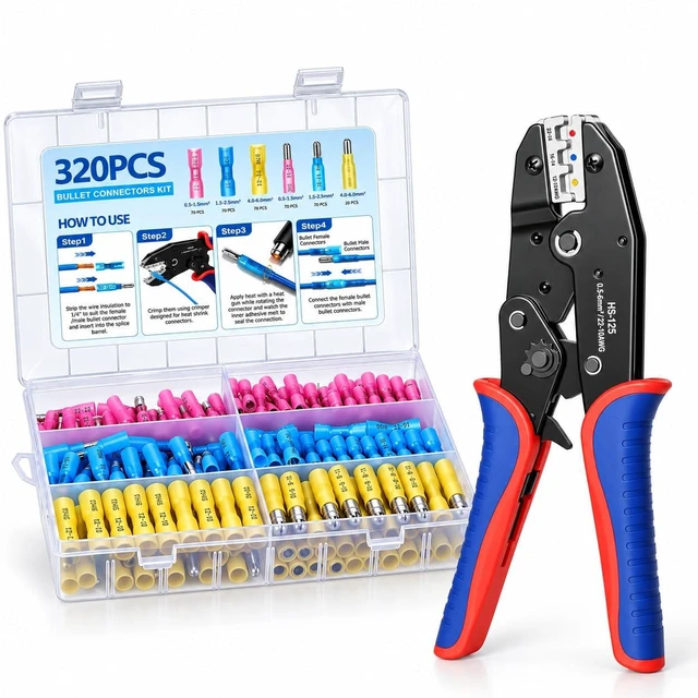 Main image of 320PCS Heat Shrink Bullet Connectors with Wire Crimper, 22-10 AWG Marine-Grade IP67 Waterproof Male Female Bullet Connectors, Ratcheting Crimping Tool, For Automotive, Marine And DIY Wiring