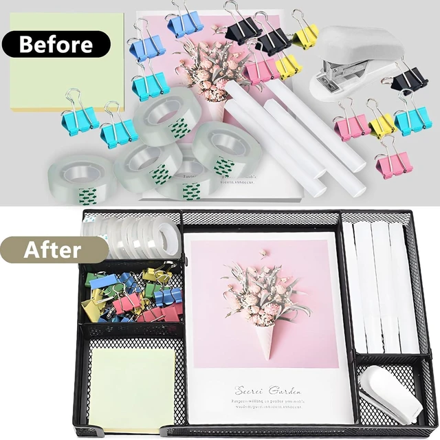 Alt view image 5 of 6 - Black Desk Organizer Set, Office Supplies with Stapler and Tape Dispenser
Includes Desk Drawer Organizer,Tape, Staples, Staple Remover, Paper Clips, Scissors and Sticky Notes for a Neat Workspace