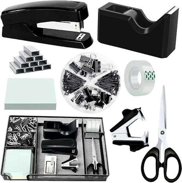 Main image of Black Desk Organizer Set, Office Supplies with Stapler and Tape Dispenser
Includes Desk Drawer Organizer,Tape, Staples, Staple Remover, Paper Clips, Scissors and Sticky Notes for a Neat Workspace