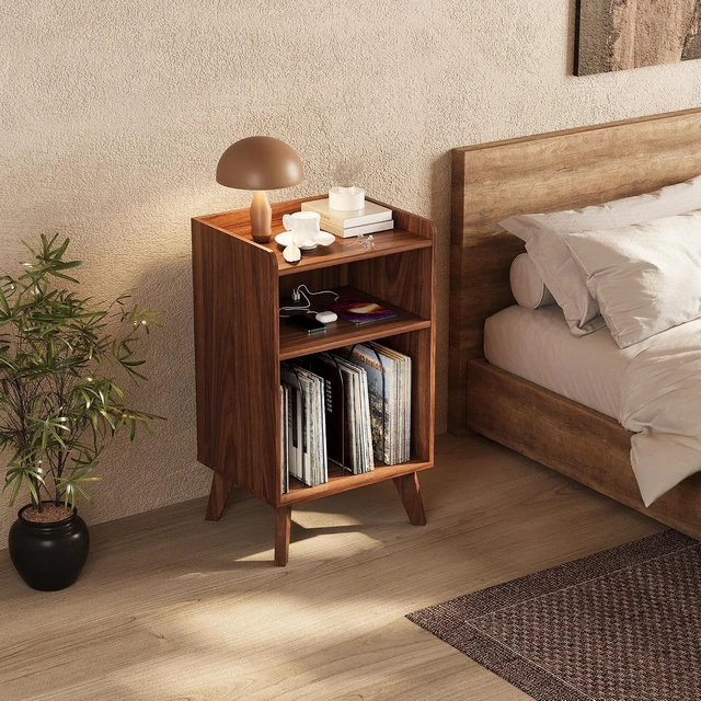Alt view image 5 of 5 - Record Player Stand, Turntable Stand with Record Storage and Charging Station & USB Ports, Record Player Table with Metal Divider, Record Stand Up to 160 Albums for Living Room, Bedroom Walnut