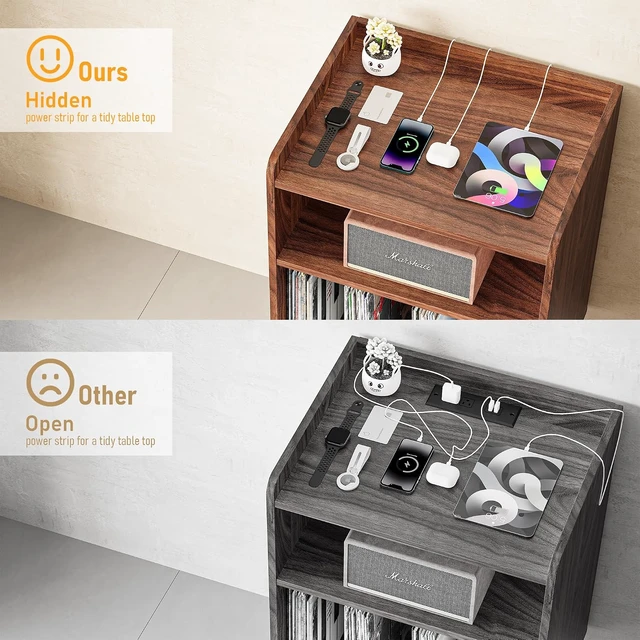 Alt view image 3 of 5 - Record Player Stand, Turntable Stand with Record Storage and Charging Station & USB Ports, Record Player Table with Metal Divider, Record Stand Up to 160 Albums for Living Room, Bedroom Walnut