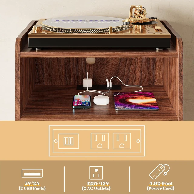 Alt view image 4 of 5 - Record Player Stand, Turntable Stand with Record Storage and Charging Station & USB Ports, Record Player Table with Metal Divider, Record Stand Up to 160 Albums for Living Room, Bedroom Walnut