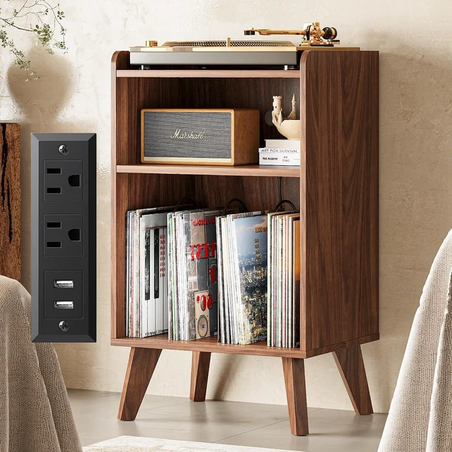 Main image of Record Player Stand, Turntable Stand with Record Storage and Charging Station & USB Ports, Record Player Table with Metal Divider, Record Stand Up to 160 Albums for Living Room, Bedroom Walnut