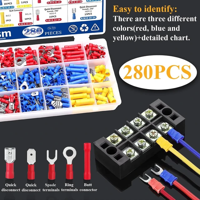 Alt view image 3 of 6 - 280PCS Wire Connectors - Insulated Electrical Wire Terminals Ring, Spade, Butt, Quick Disconnect, Crimp Automotive Cable Terminals