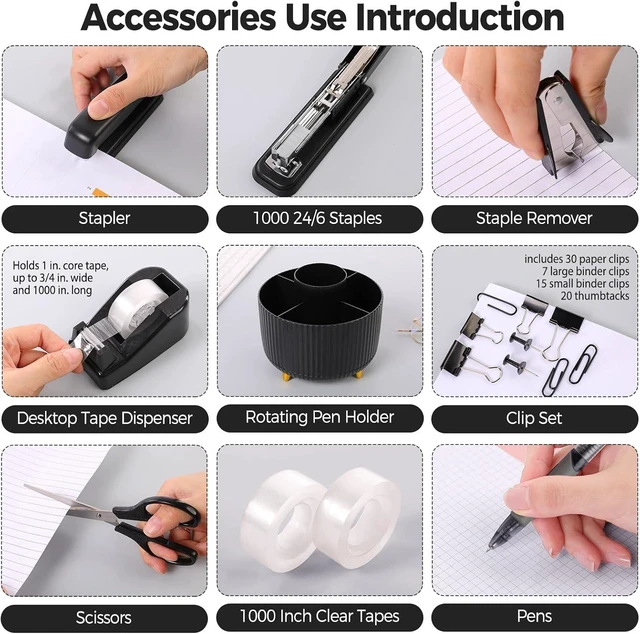 Alt view image 6 of 7 - Black Office Supplies with Pencil Holder,Desk Accessories 11PCS
Office Desk Accessories Included Stapler with Staples, Staple Remover,Tape Dispenser, Binder Paper Clips Kit,Scissor, Pens